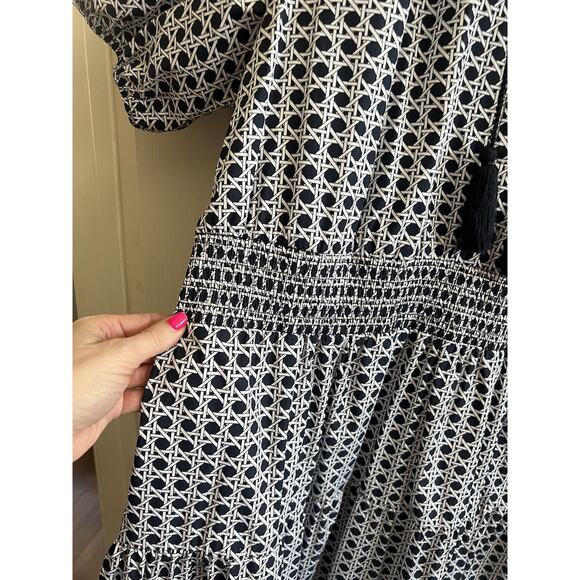 CHICO'S Navy White Cotton Poplin Basket Weave Tiered Maxi Dress Sz 3 US 16 - Picture 5 of 14